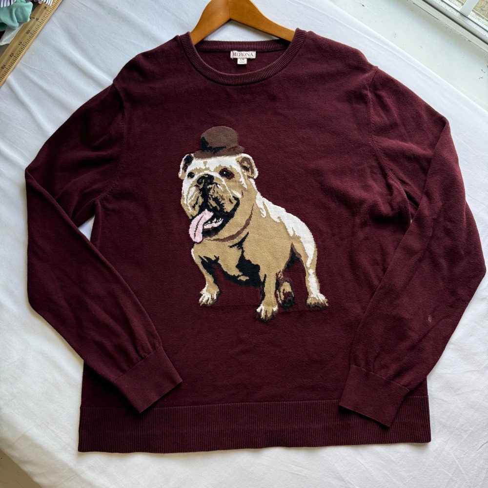 Merona Mens Burgundy Cotton Bulldog Bowler Hat Intarsia Sweater Large